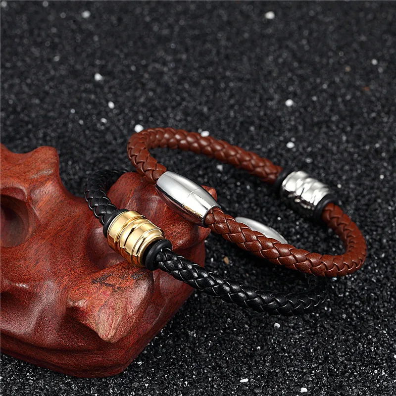 MKENDN плетеный браслет из натуральной кожи для мужчин и женщин, браслет из нержавеющей стали с магнитной пряжкой, модные ювелирные изделия
