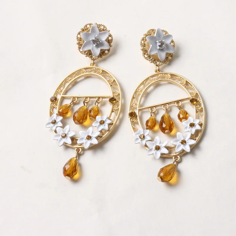 Charm Vintage Baroque Waterdrop Crystal White Flowers Earrings For Women Long Earings Jewelry Party boucle d'oreille femme 2017 |