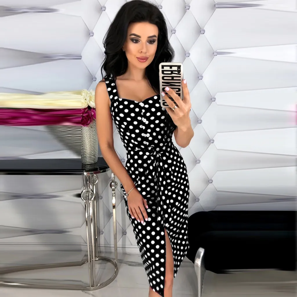 

Feitong Women Party Summer Dress Ladies Sexy Tank Sleeveless Sundress Wave Point Print Pocket Casual Bodycon Party Dress Vestido