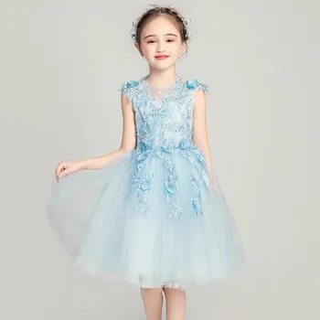 

2019Summer Kids Children Elegant Appliques Flowers Birthday Wedding Party Prom Mesh Dress Little Girls Teens Piano Pageant Dress