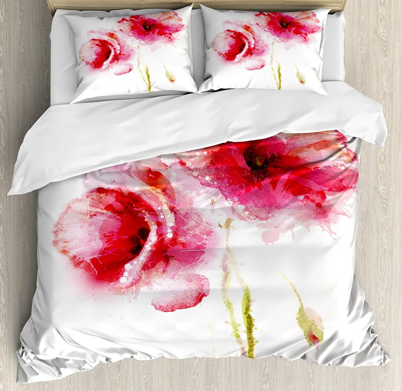 

Flower Duvet Cover Set , Little Red Spring Summer Time Garden Florals Field Poppy Artwork, 4 Piece Bedding Set