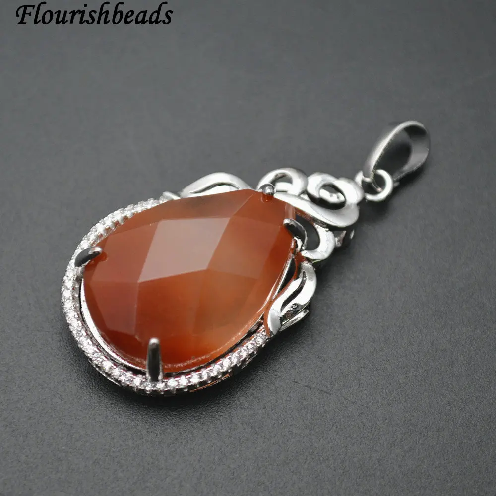 

Surface Cutting High Quality Natural Red Agate Carnelian Pear Shape CZ Beads Setting Metal Frame Stone Pendant