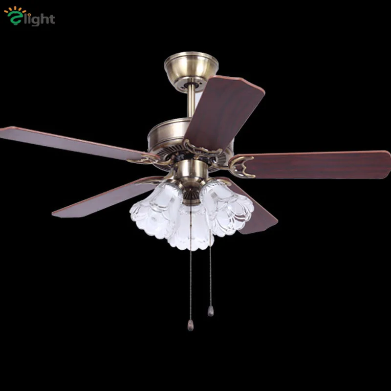 

Retro Wood/Metal Leaf Led Ceiling Fans Lamp Lustre Bronze Glass Dining Room Led Ceiling Fan Lighting Simple Ceiling Fan Lights