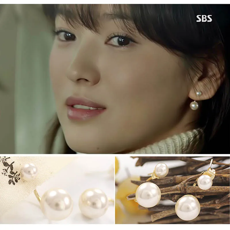 

2016 Korean Double Pearl Earrings For Women Fashion Jewelry Cute Piercing Gold Double Side Earrings Fine Jewelry Stud Earring