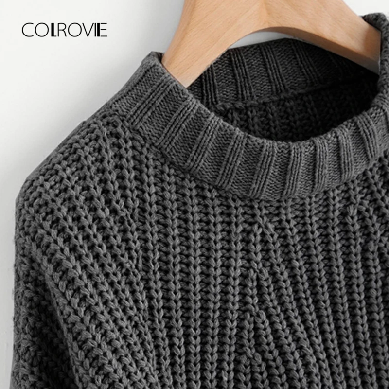 COLROVIE, однотонный, корейский, элегантный, укороченный, серый свитер, женские топы,, Модный пуловер с длинным рукавом, зимний джемпер, женские свитера