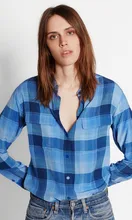 Newest EQ 100% silk bule plaid print ladies long sleeve blouses Equipment women shirt spring autumn