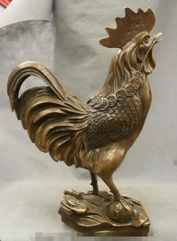 

S04093 18" Chinese Bronze Copper Year Zodiac Wealth Coin Cock Rooster Up Head Statue (B0413)