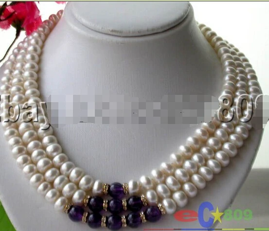 

3ROW 11MM WHITE FRESHWATER CULTURED PEARL AMETHYST NECKLACE p739 ^^^@^Noble style Natural Fine jewe FREE SHIPPING