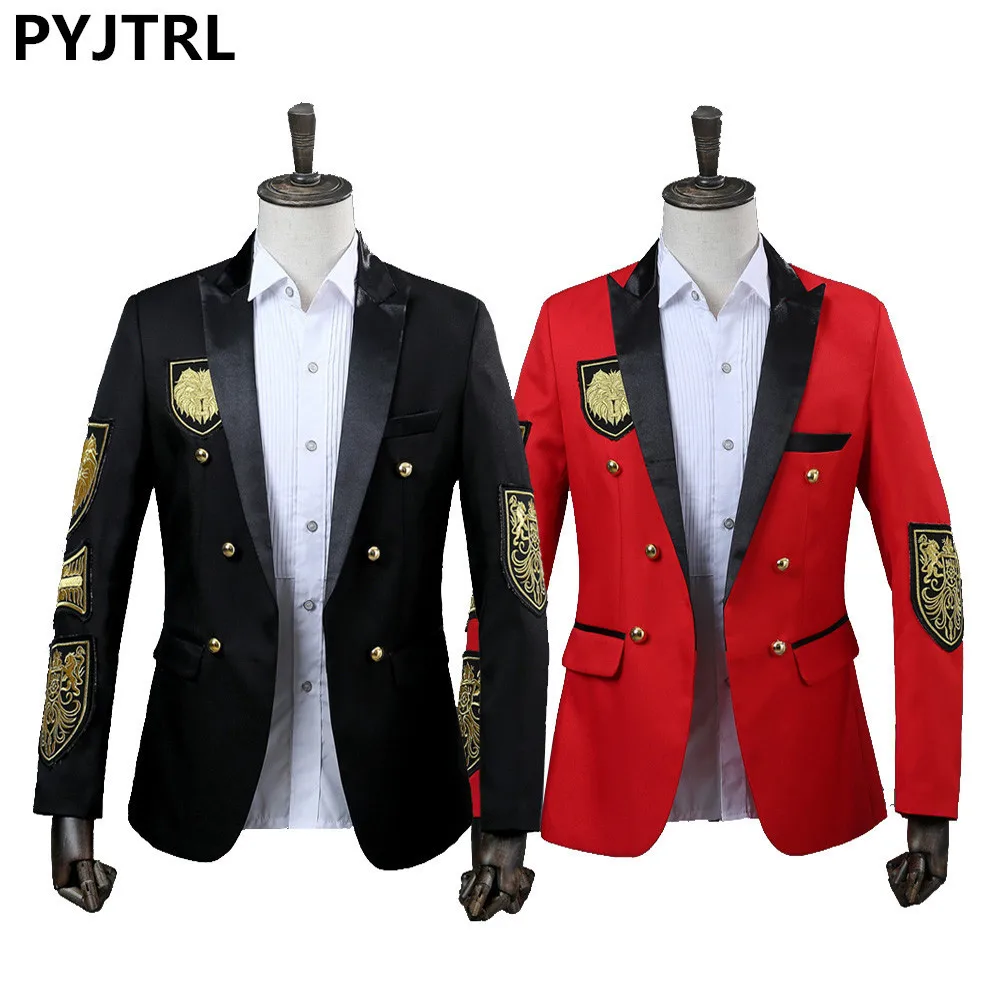 Prix PYJTRL hommes Blazer militaire médaille lâche manteau scène chanteur Costume veste Performance annuelle noir rouge Costume Homme