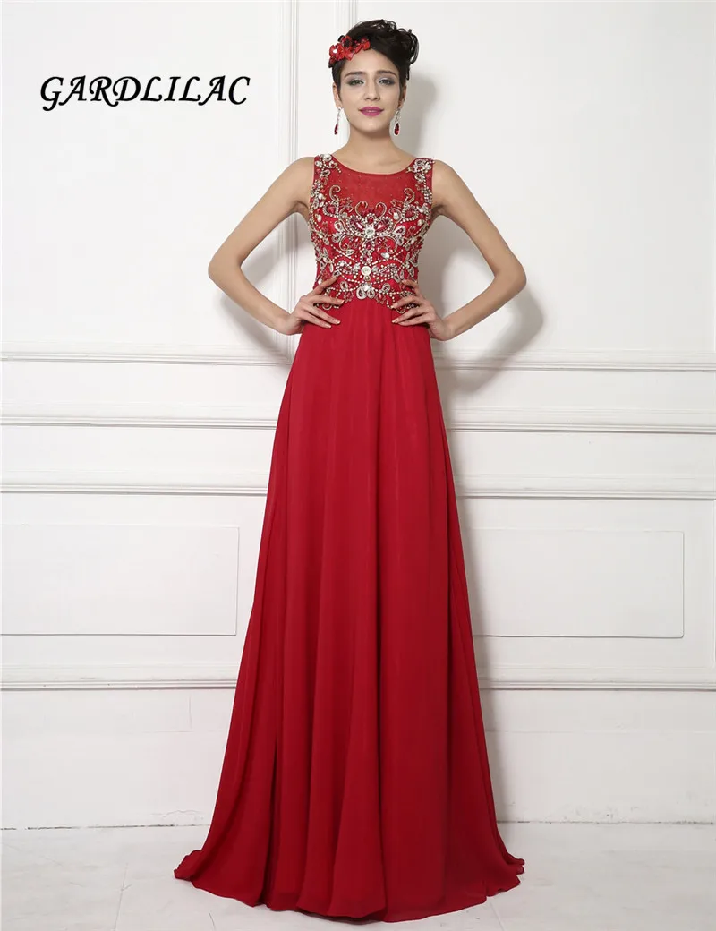 

2017 New Red Lace Evening Dresses See Though Crystal Beads Vestido de festa longo Formal Evening Gowns Dresses