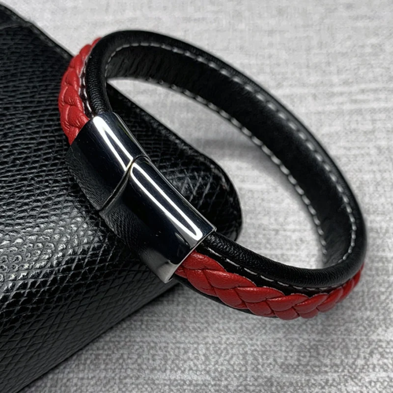 Модные черные, красные кожаные браслеты, мужские наручные браслеты, нержавеющая сталь, магнитная пряжка, очаровательные браслеты, мужские ювелирные изделия, подарки