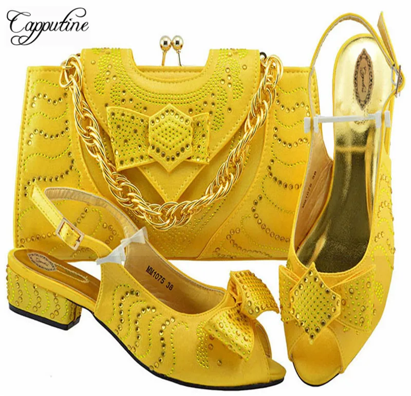 

Capputine New Italian PU With Stone Woman Shoes And Bags Set Nigerian Style Yellow Color Low Heels Shoes And Bag Set For Party