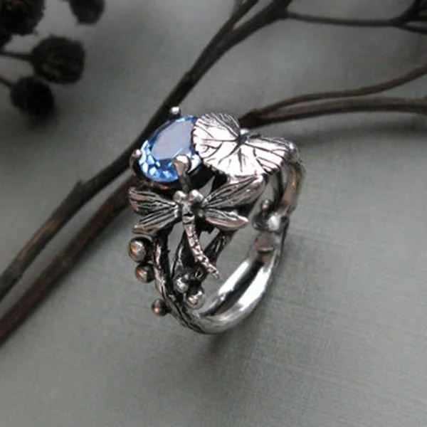 Женское уникальное кольцо на палец, CZ камень, стрекоза, цветок, кольцо, 925 серебро, Заполненные ювелирные изделия, винтажные, вечерние, свадебные кольца для женщин