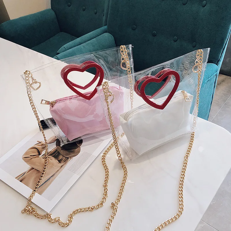 

2019 Summer New Hot Fashion PVC Transparent Bags for Women Female Heart Chains Jelly Beach Bags Shoulder Bags Messenger Bags