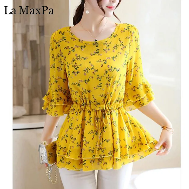 

2019 New Summer Blouse Women Shirts Floral Print Chiffon Short Sleeve Vintage Women's Fashion Blouses Office Ladies Tops Bow