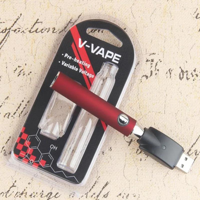 100 шт. V-VAPE подогреть VV Батарея blister Kit 650mAh свинцово кислотная батарея II и переменное Напряжение с USB Зарядное устройство для 510 воск густая масляная подогрева картридж