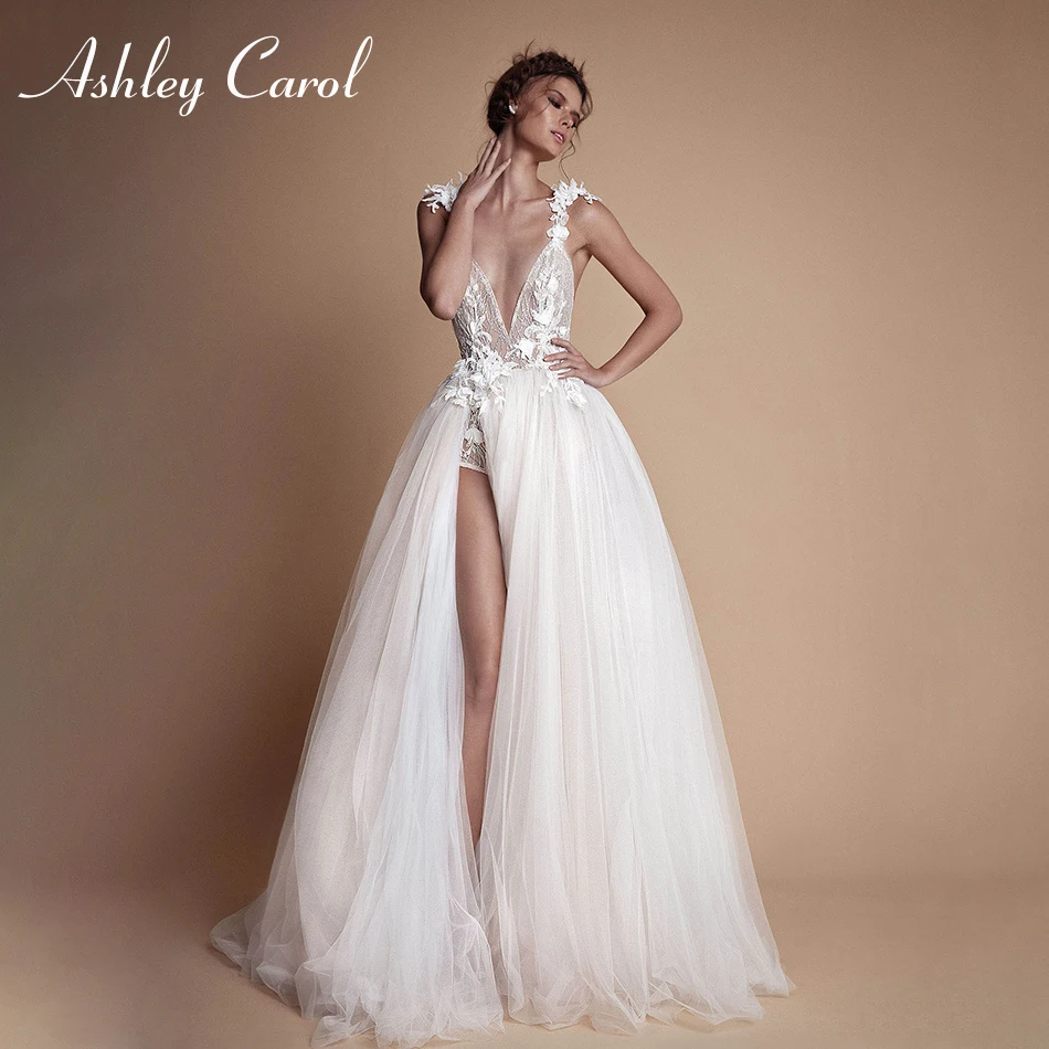 Ashley Carol сексуальное пляжное свадебное платье с глубоким v-образным вырезом сказочное свадебное платье принцессы с разрезом и открытой спиной кружевное свадебное платье в стиле бохо - Цвет: Слоновая кость