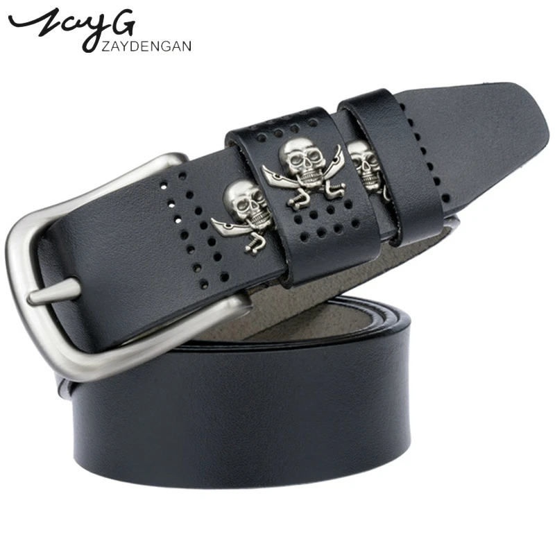 

ZAY New men Unique Cow Leather Belt Skull rivets Men's Belt High Quality Genuine Leather fashion Luxury Waist Belt for Men Jeans