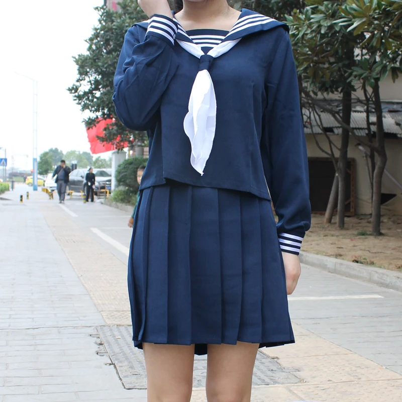 

Japanese Classical Dark Blue long-sleeved sailor uniforms white collar towel Japan High School JK uniform cosplay Sexy Cute Girl