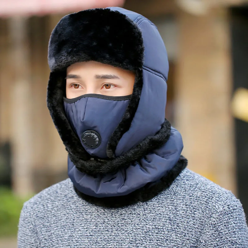 Mens Fur Hats Neck Warmer Face Mask Set Outdoor Women Winter Warm
