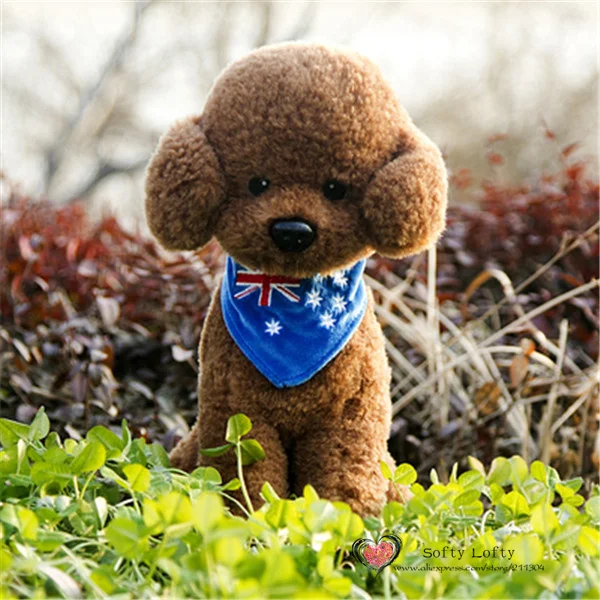 Life like teddy poodle dogs plush toys 30cm - Australian Flag Triangular Scarf Brown