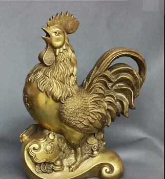 

Chinese Feng Shui Brass Zodiac Chicken Rooster On Wealth Coin RuYi Art Statue