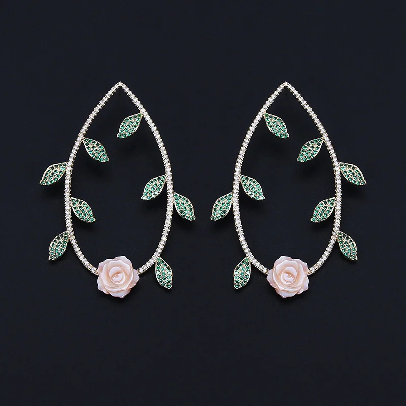 

XIUMEIYIZU Latest Drop Earrings Big Design Natural Style Rose and Leaf Zircon Earrings for Women Party Jewelry Accessories