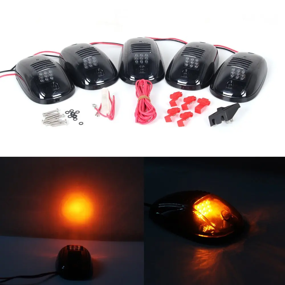 5pcs 12v Truck Suv White Amber Led Cab Roof Marker Running Lights Black