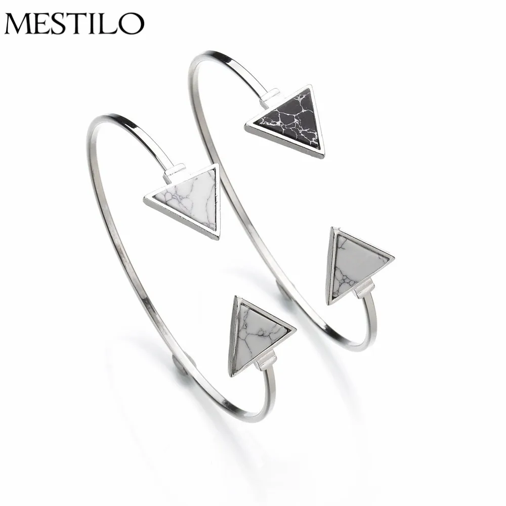 

MESTILO Fashion Silver Color Black White Geometric Triangle Open Cuff Punk Bracelet Bangle Faux Marble Stone Women Jewelry Gifts