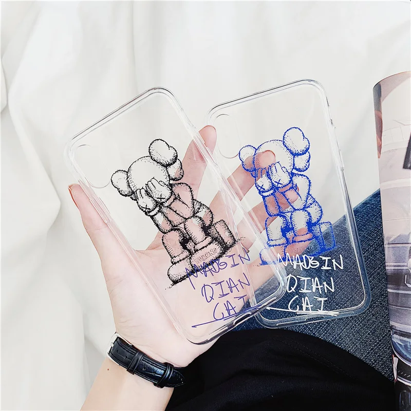 

Cute Cartoon sad KAWS Case For iPhone 8 7 6 6S Plus Xs Max XR X Cases letter Silicon Clear Crystal TPU Soft Phone Cover Coque