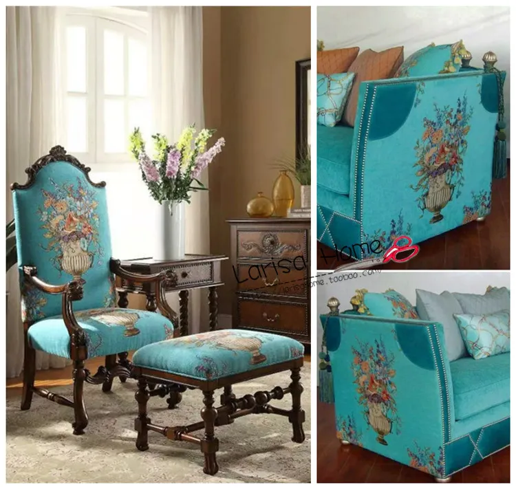 Роскошный американский стиль Цветочный Бирюзовый букет Дизайн синель драпировка шторы диван обивка интерьера ткани 280 см Ширина