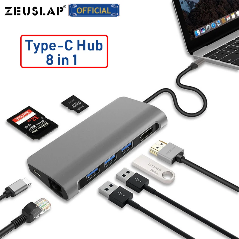  ZEUSLAP USB3.0 HUB USB C to HDMI RJ45 Thunderbolt 3 Adapter for MacBook Samsung Galaxy S9 Huawei Ma