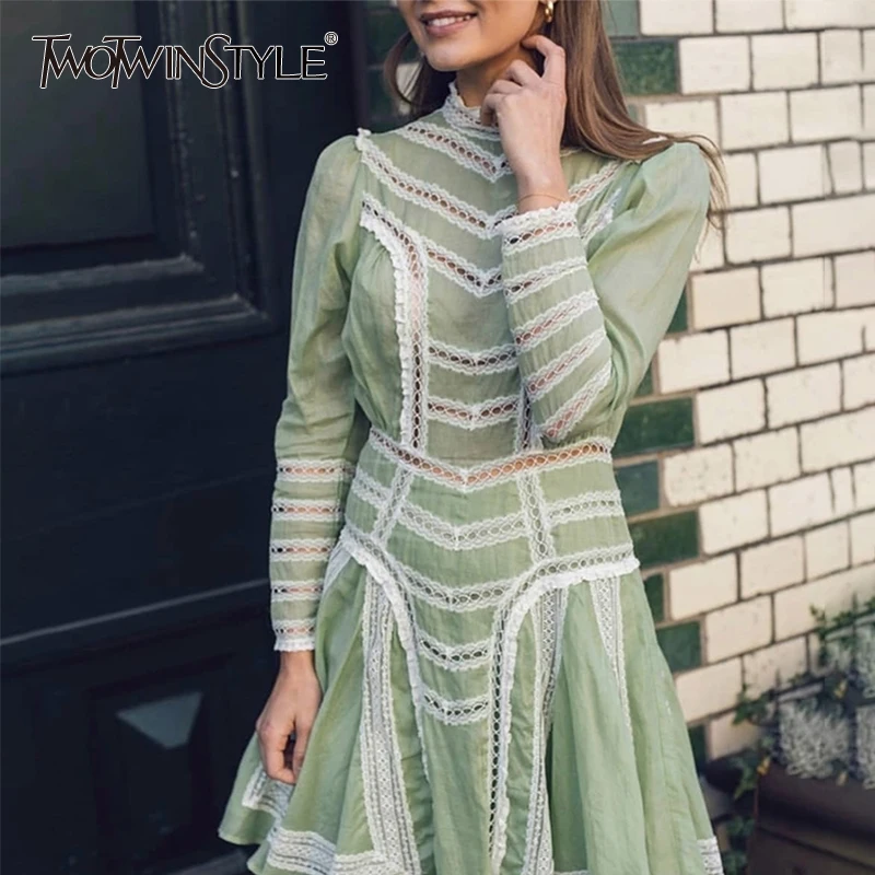 

TWOTWINSTYLE Lace Patchwork Dress For Women Stand Collar Long Sleeve Hollow Out High Waist Dresses Female 2019 Summer Fashion