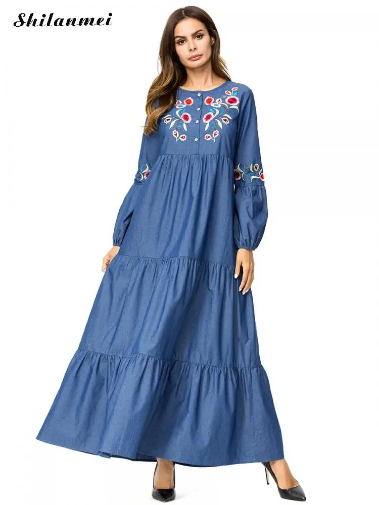 Vintage Women Long Dress 2018 Denim Autumn Winter Long Sleeve Embroidery Dress Plus Size Loose Party Dress Vestidos 3xl 4xl Dresses