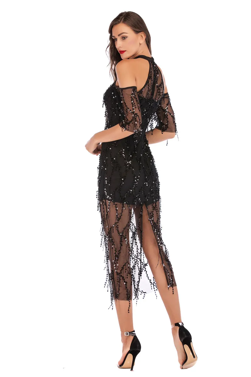 Elegant Halter Neck Off Shoulder Tassel Sequin Dress in Cocktail Dresses