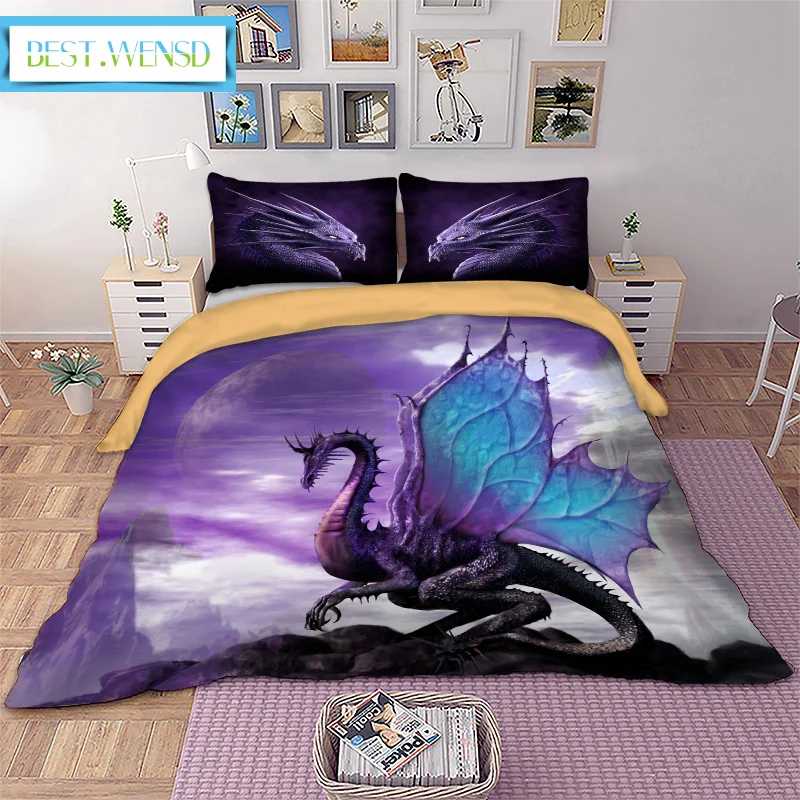 

BEST.WENSD 100% microfiber fabric Violet bedding set western 200*200cm Duvet Cover Sets Reactive Printing Pterosaur bedclothes