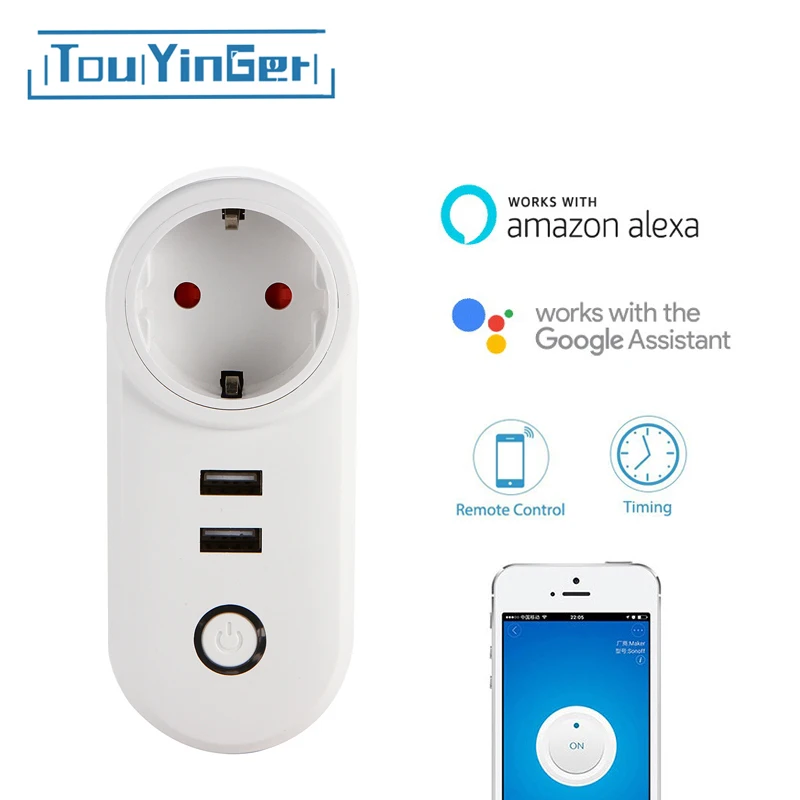 

Touyinger WiFi Smart Plug with Dual USB Ports EU Plug Remote Control Socket Timer Function Work for Amazon Alexa Google Home