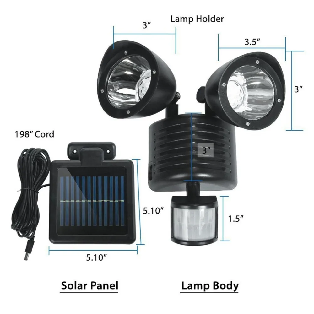 22 светодиодный светильник на солнечной батарее с датчиком тела, наружный настенный светильник, двуглавый Точечный светильник s, высокий светильник для сада и двора, Прямая поставка, новинка, 6W