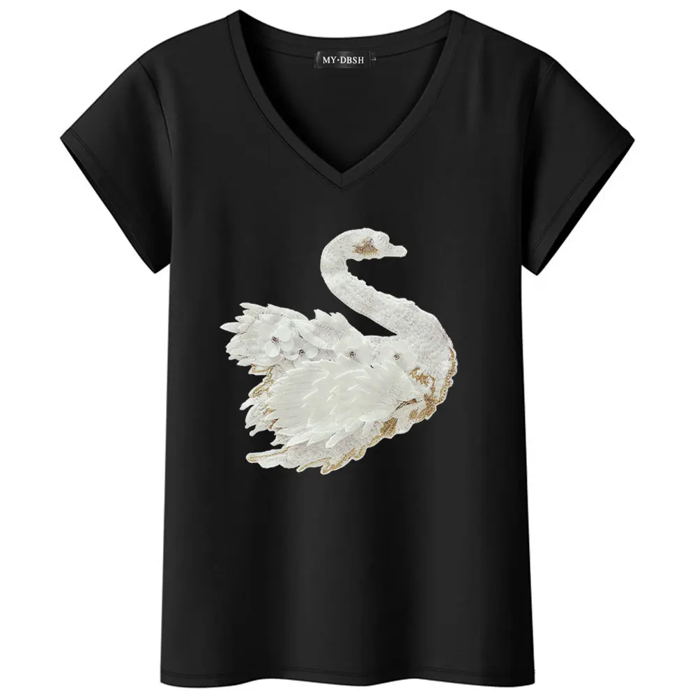 Новинка, модная Милая футболка с вышивкой лебедя, женская брендовая футболка, Повседневная Свободная футболка с коротким рукавом и круглым вырезом, женские топы с изображением лебедя - Цвет: V-Black-White