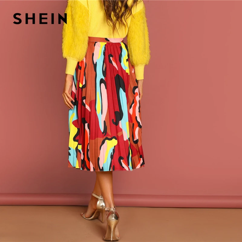 SHEIN, многоцветная плиссированная длинная юбка с графическим принтом и высокой талией, Женская Осенняя коллекция, повседневные цельнокройные юбки