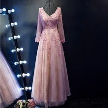 2017 Pink V-Neck A-Line Long Prom Dresses Elegant Full Sleeve Floor-Length Sexy Backless Evening Gown Vestido de Festa