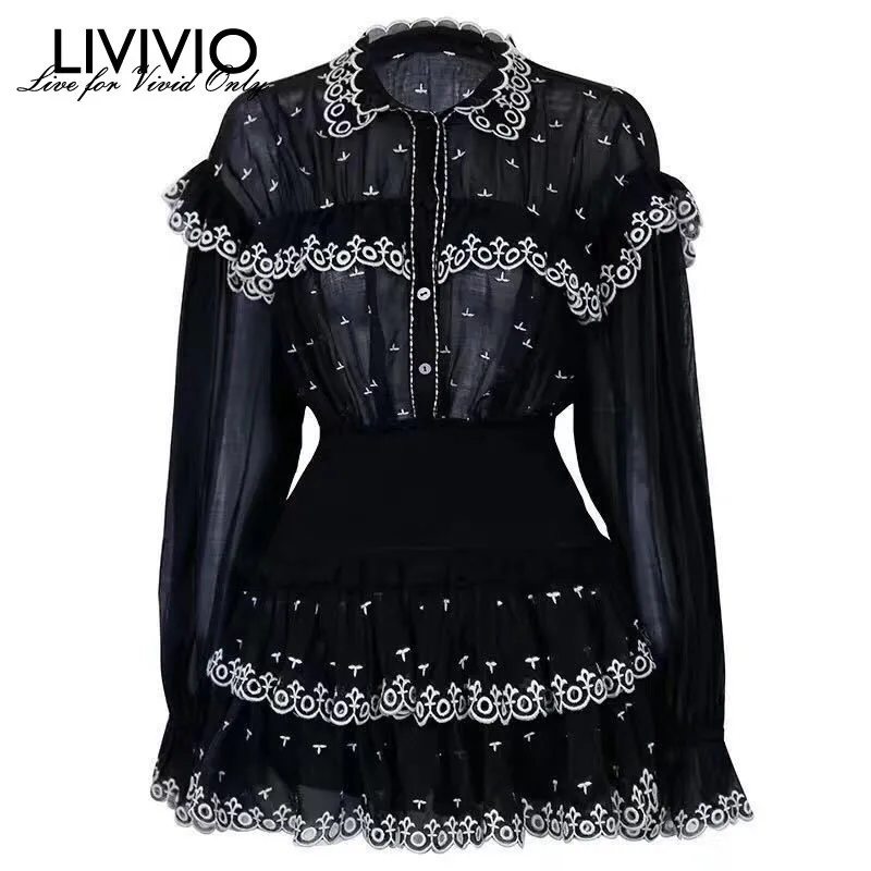 

[LIVIVIO] Embroidery Ruffle Patchwork Two Piece Sets Female Perspective Flare Sleeve Shirts High Waist Mini Skirts Female New