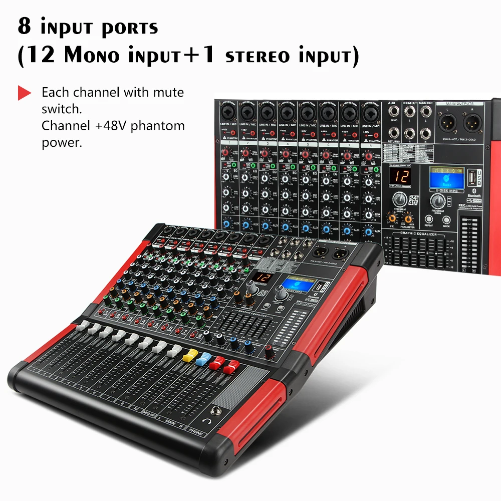 XTUGA KS-8 8-ми канальный аудио микшер звуковая карта с цифровым дисплеем MP3 Распознавание отпечатков пальцев, Bluetooth, EQ, эффектами для сцены Kraoke Применение для DJ, вечерние