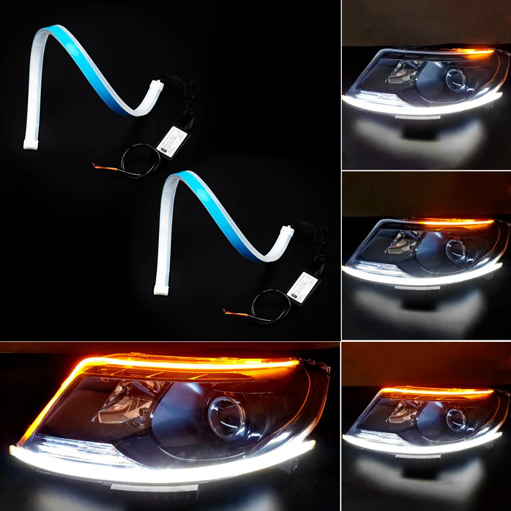 

45cm Amber Sequential Flasher Flowing DRL Flexible LED Tube Strip Daytime Running Lights Turn Signal Angel Eye White Turn Yellow