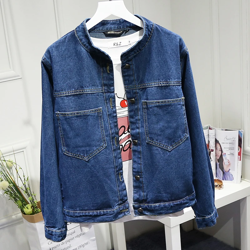 

Harajuku Denim Jacket Female 2020 Spring Fall New Loose Solid O-neck Jeans Jackets Outwear Womens Leisure Cowboy Coats Femininos
