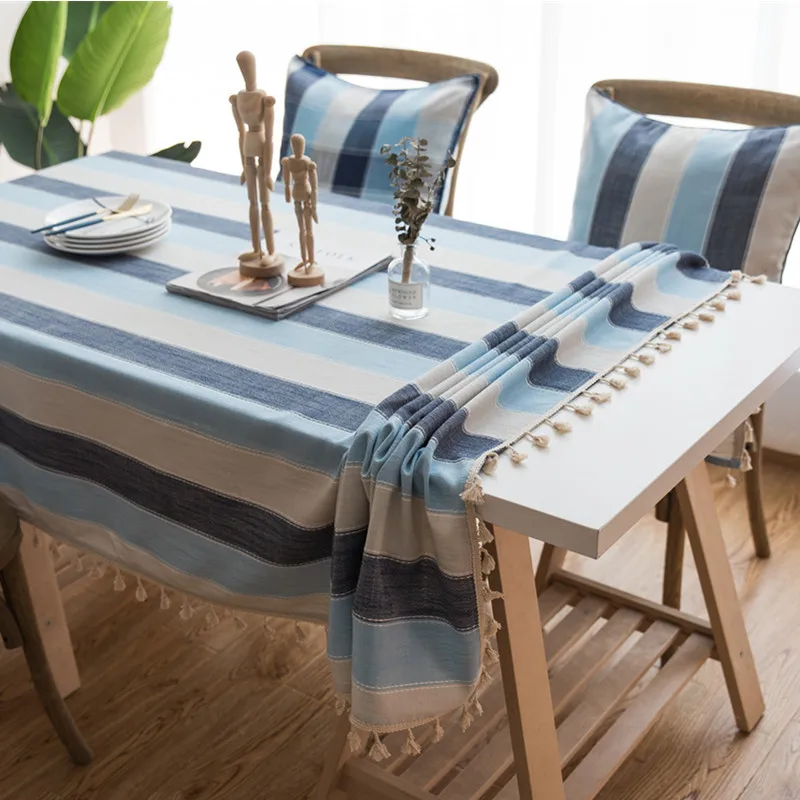 

Blue Gray Stripe Yarn-Dyed linen Fabric Waterproof Tablecloth Christmas Decoration Coffee Bar Table Cloth