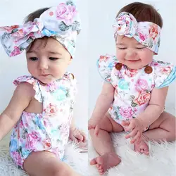 Лето Babys Девушки Ползунки для новорожденных девочек без рукавов Цветочный принт комбинезон + оголовье, набор детская одежда M8Y14