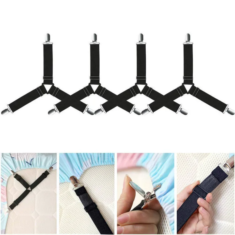 4 pcs Triangle Elastic Bed Sheet Clips, 3-Way Bed Straps Suspenders Adjustable Mattress Holder Fastener Grippers Bedding Helper 4 pcs Triangle Elastic Bed Sheet Clips, 3-Way Bed Straps Suspenders Adjustable Mattress Holder Fastener Grippers Bedding Helper