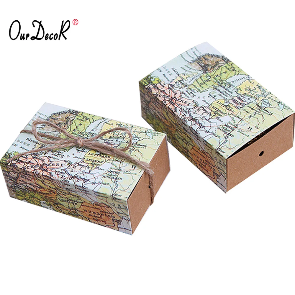 

100 Pcs/lot World Map Cuboid Wedding Paper Favor Candy Boxes Gift Boxes with String Wedding Birthday Party supply For Christmas