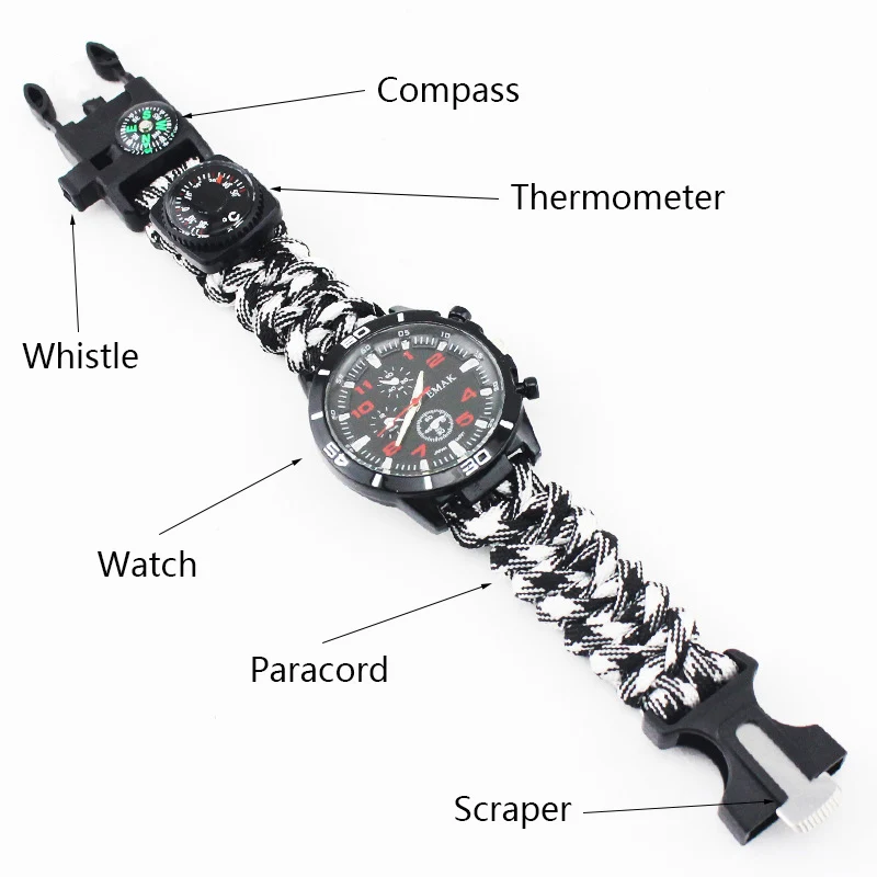 Наружные часы для выживания для мужчин и женщин, многофункциональный инструмент для кемпинга, Рыболовный набор, компас, термометр, нож, Паракорд, свисток, инструменты